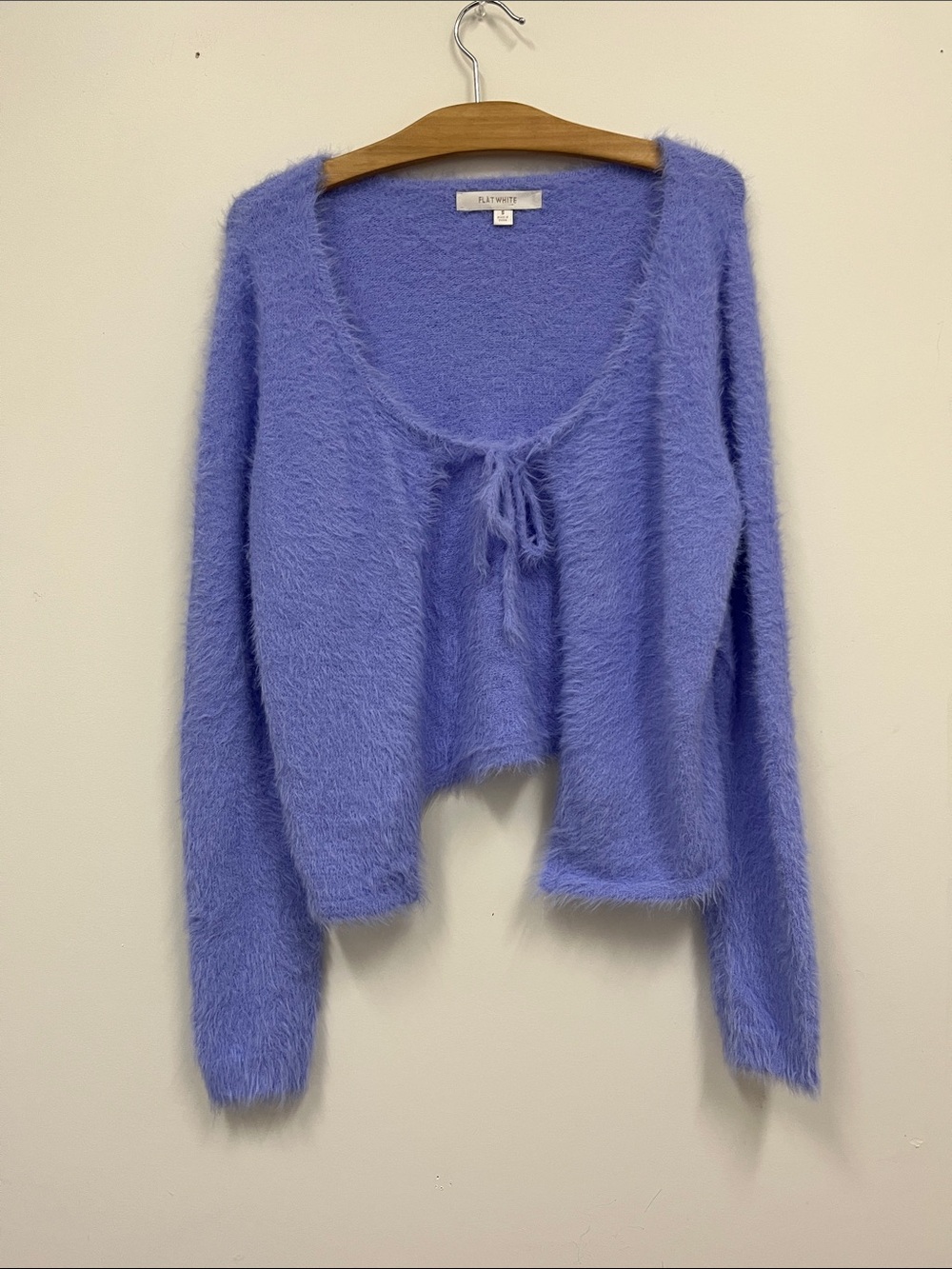 Flat White Cozy Tie-Front Fuzzy Cardigan in Lilac size S